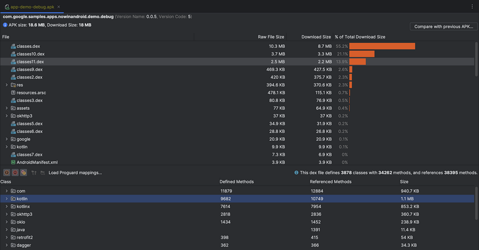 APK Analyzer يسرد ملفات dex وأحجام التنزيل والنسبة المئوية للإجمالي