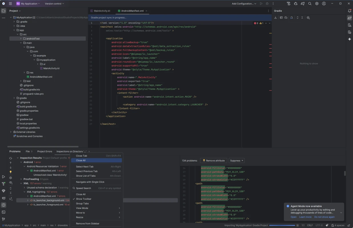 Android Studio captura de pantalla del espacio de trabajo del proyecto