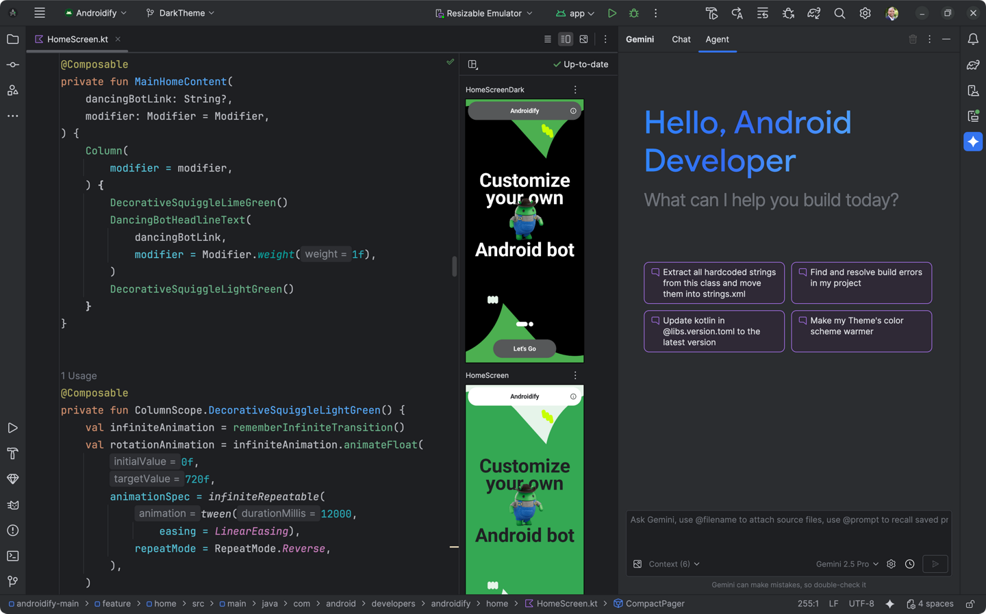 Android Studio welcome and project window